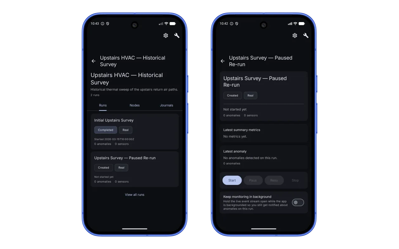 TameChaos Field on two Android phones with the optional Edge companion active: a process and its list of runs, and a single run being monitored on the floor.